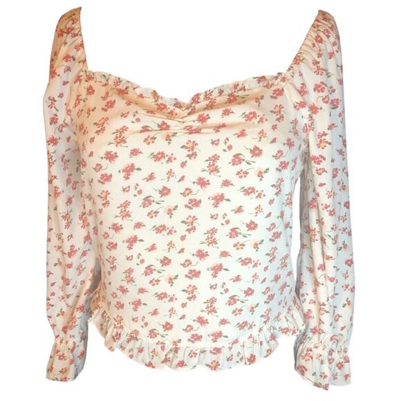 NWT Skies are Blue Off-White Small Pink-Red Flowers. Short Ruffled V-Neck Blouse - Picture 1 of 3